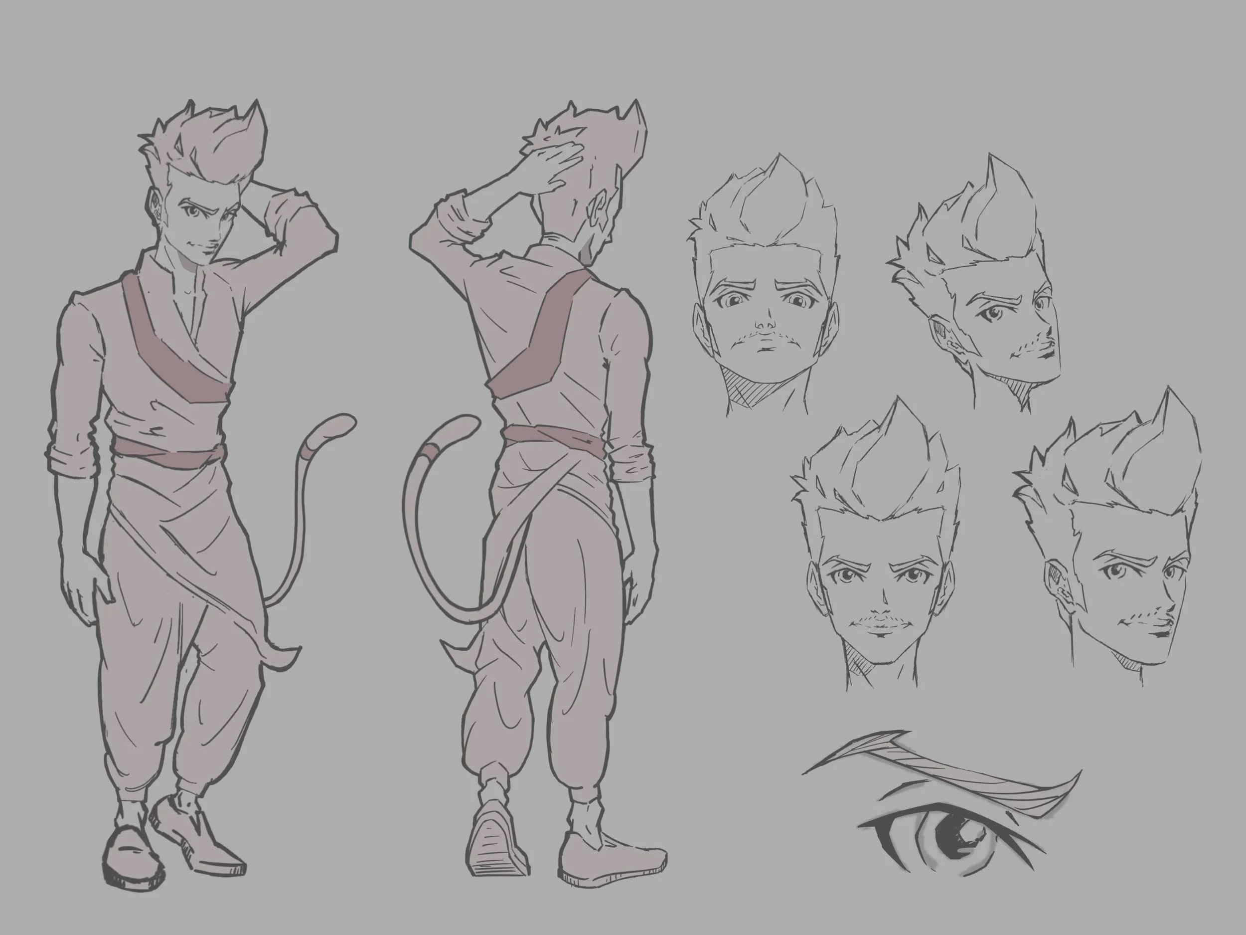 Character design sheet of a humanoid tiger with spiky hair, featuring front, back, and profile views, multiple facial expressions, and an eye close-up. Includes areas for name, race, zodiac sign, and interests.