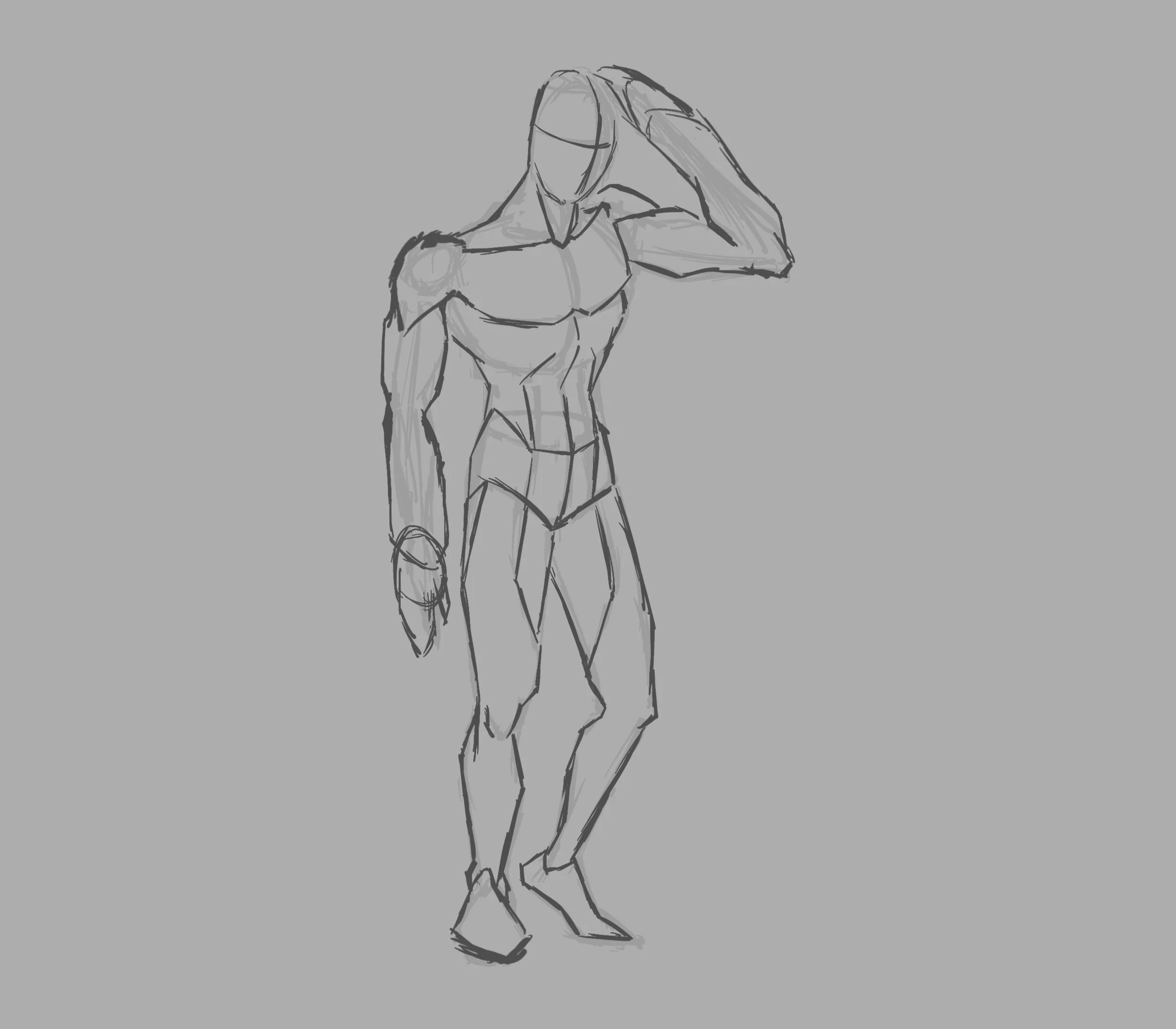 Sketch of a humanoid figure with muscular build, no head or face visible, standing with one hand on the head, against a gray background.