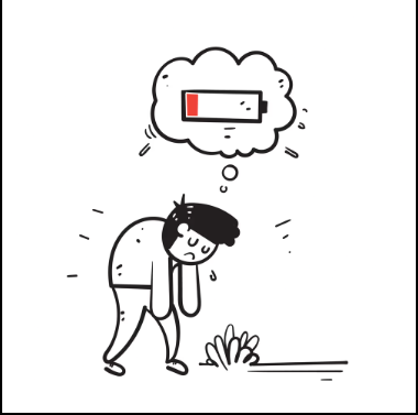 Illustrated figure of a person with head down, thought bubble showing a depleted battery