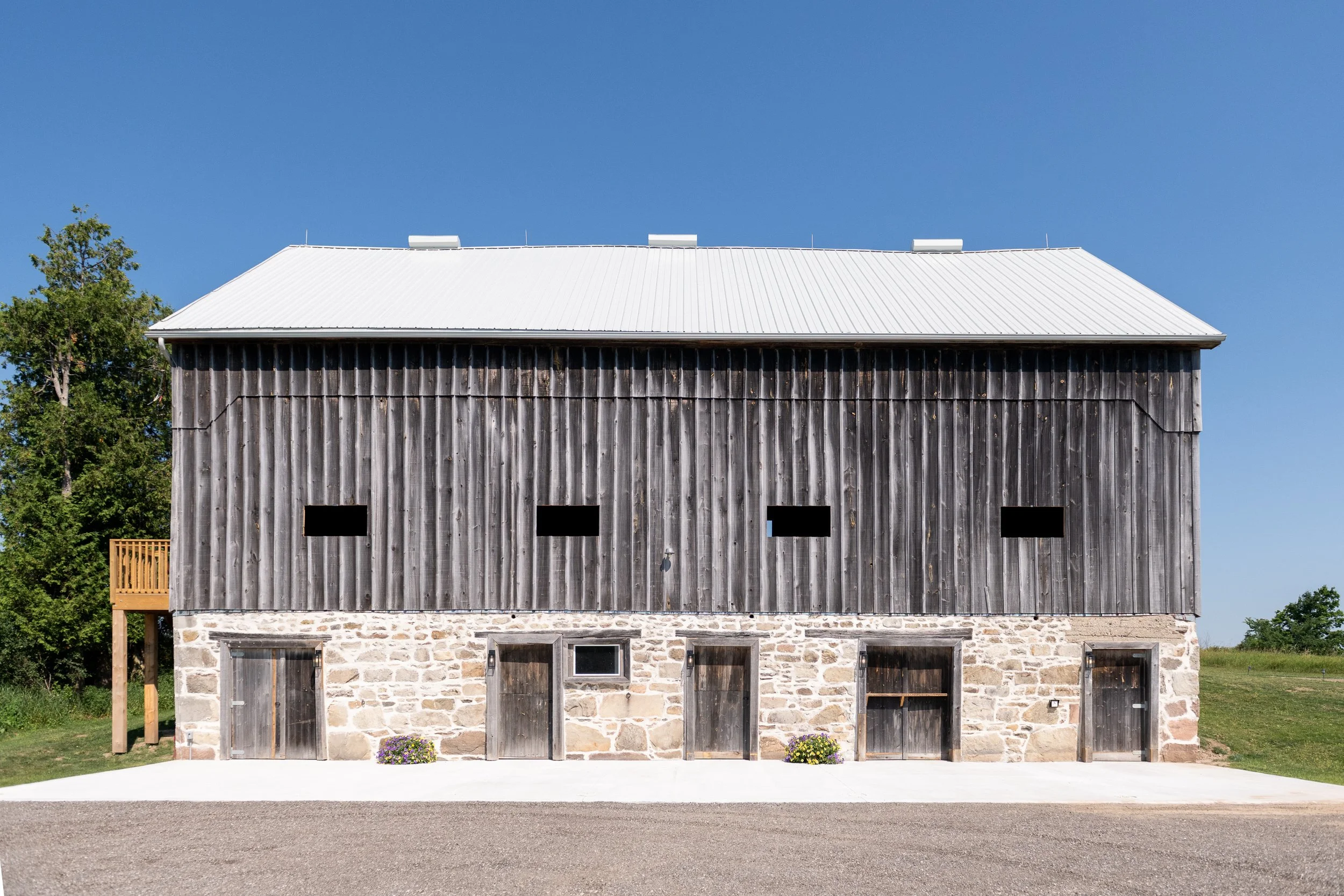 A large barn with a stone foundation, vertical wooden siding, and a white metal roof, set against a clear blue sky with green trees to the side.