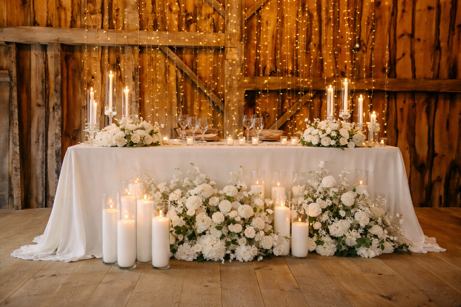 A romantic sweetheart table at The Hummingbird in Erin, Ontario, styled with flowing white linens, lush white florals, and glowing candlelight. Set against original barn doors and cascading string lights, the design creates an intimate and elegant fo