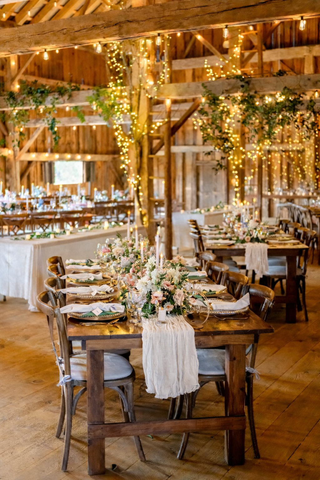 A warmly lit barn wedding reception at The Hummingbird in Erin, Ontario, featuring long harvest tables, cross-back chairs, romantic string lighting, and exposed heritage beams. The space is styled with soft linens, taper candles, and greenery, creati