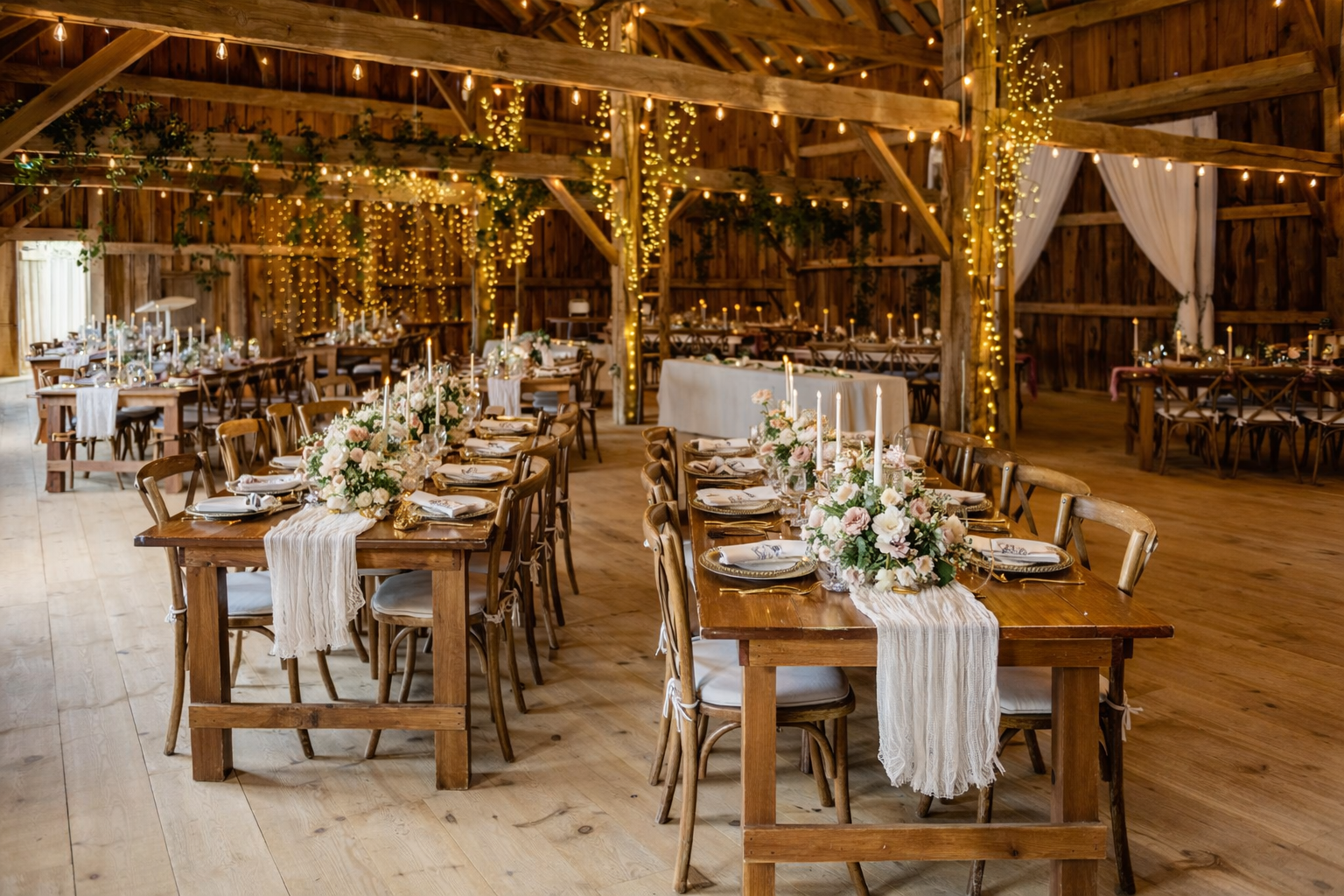 A beautifully styled barn wedding reception at The Hummingbird in Erin, Ontario, featuring handcrafted wooden tables arranged in an open layout beneath original timber beams and cascading string lights. Soft floral arrangements, flowing linen runners