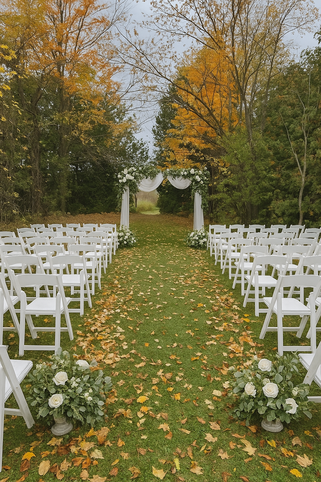 A picturesque fall wedding ceremony at The Hummingbird in Erin, Ontario, set along a tree-lined aisle with white chairs and a floral-draped arbor. Surrounded by autumn foliage and natural greenery, the outdoor setting offers a peaceful and romantic b