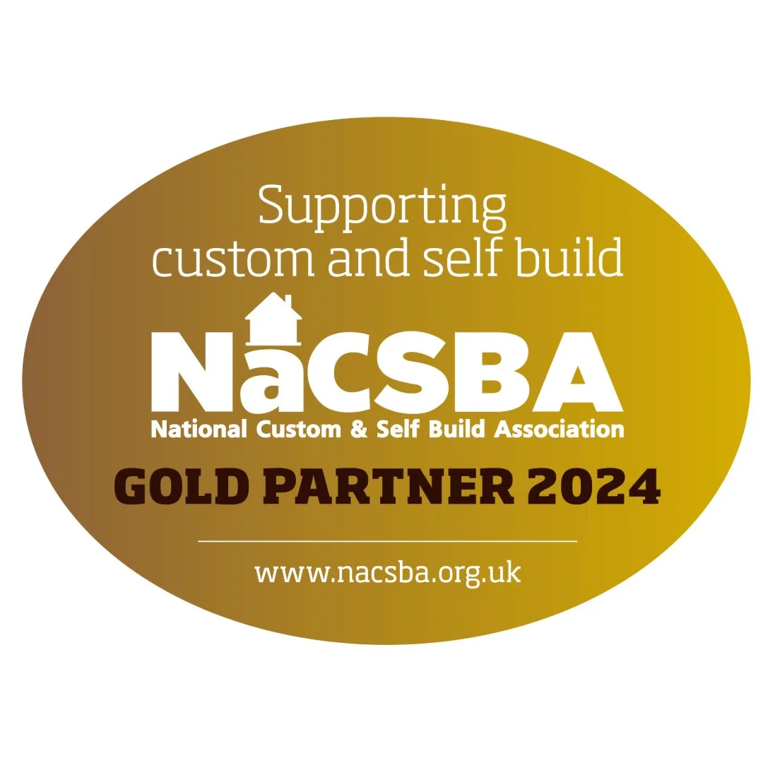 Gold oval badge for the National Custom & Self Build Association (NACSA) indicating support as a Gold Partner for 2024, with website www.nacsba.org.uk.