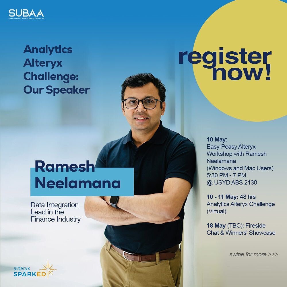 Introducing our speaker for the workshop- Ramesh Neelamana. 

Join us in the  Alteryx Workshop and ✨DATATHON✨Analytics Alteryx Challenge and discover why top companies like PwC, Accenture, and McLaren are raving about this no-code/low-code analytics 