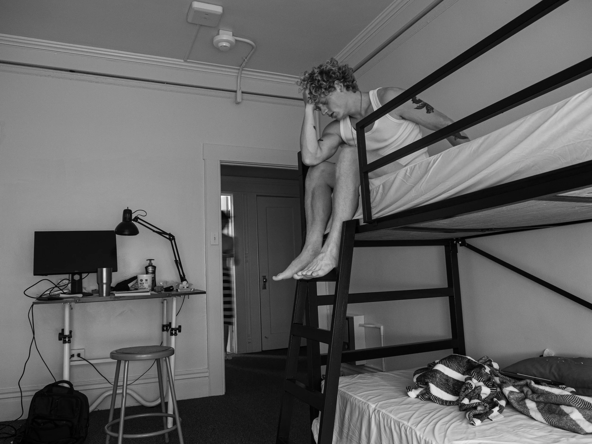 Waking up on Bunk Bed after a heavy night - Theropat emerging from the Bathroom.