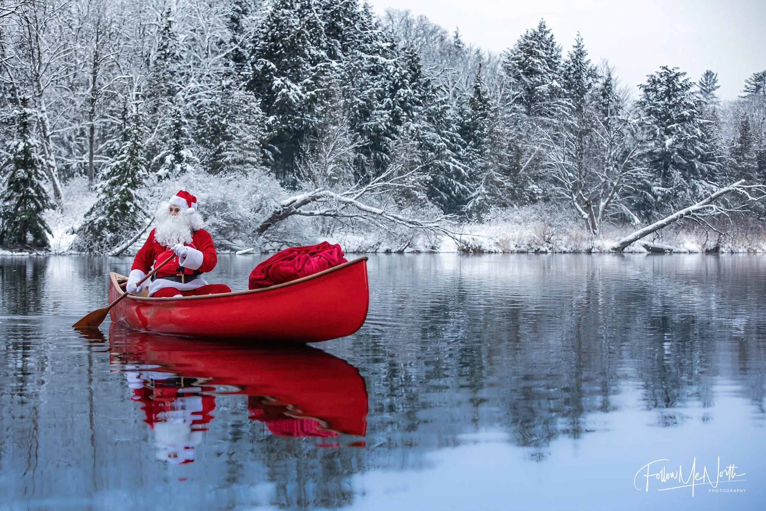 Santa Canoe Adventure Winter Landscape Print