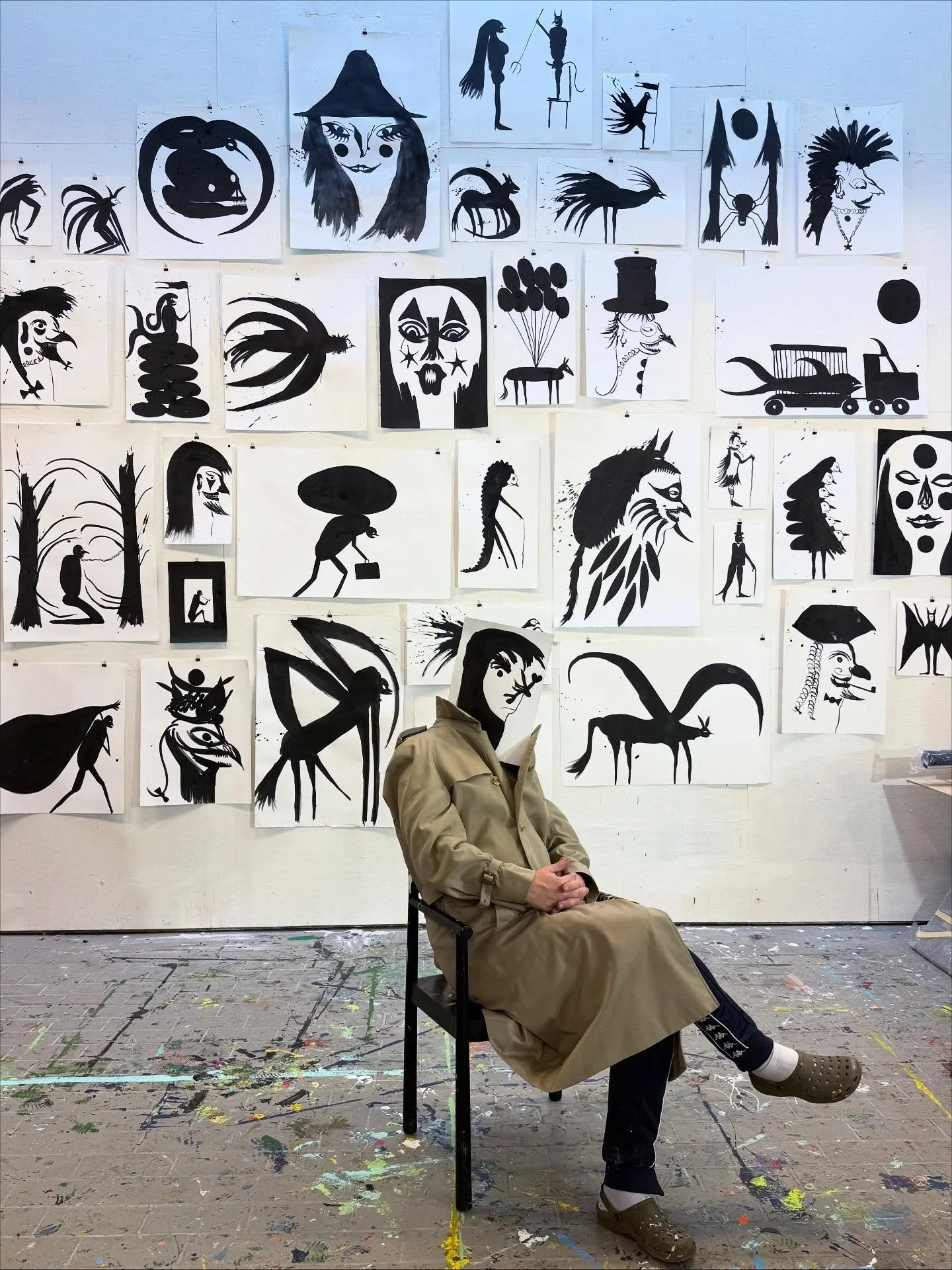 Me and my wall of newest drawings, made with Indian ink🌑