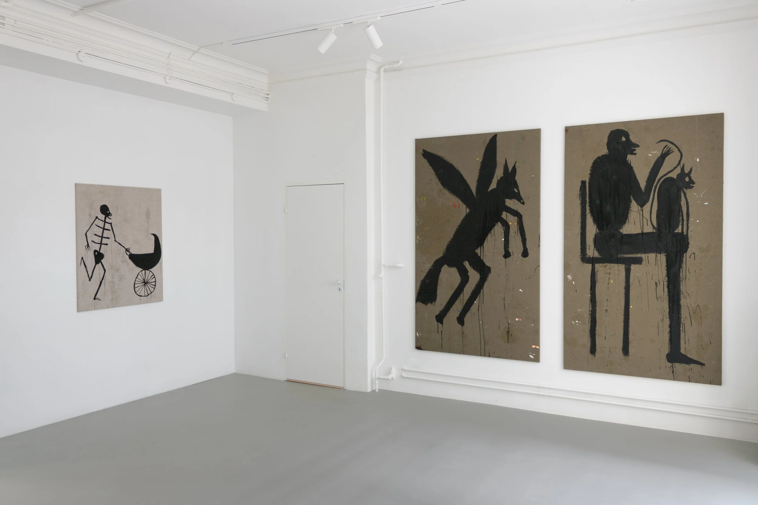 Art exhibition featuring three paintings with black silhouettes on brown or beige backgrounds, including a skeleton pushing a stroller and mythical/human figures. Frederik Næblerød exhibition at Alice Folker Gallery. 