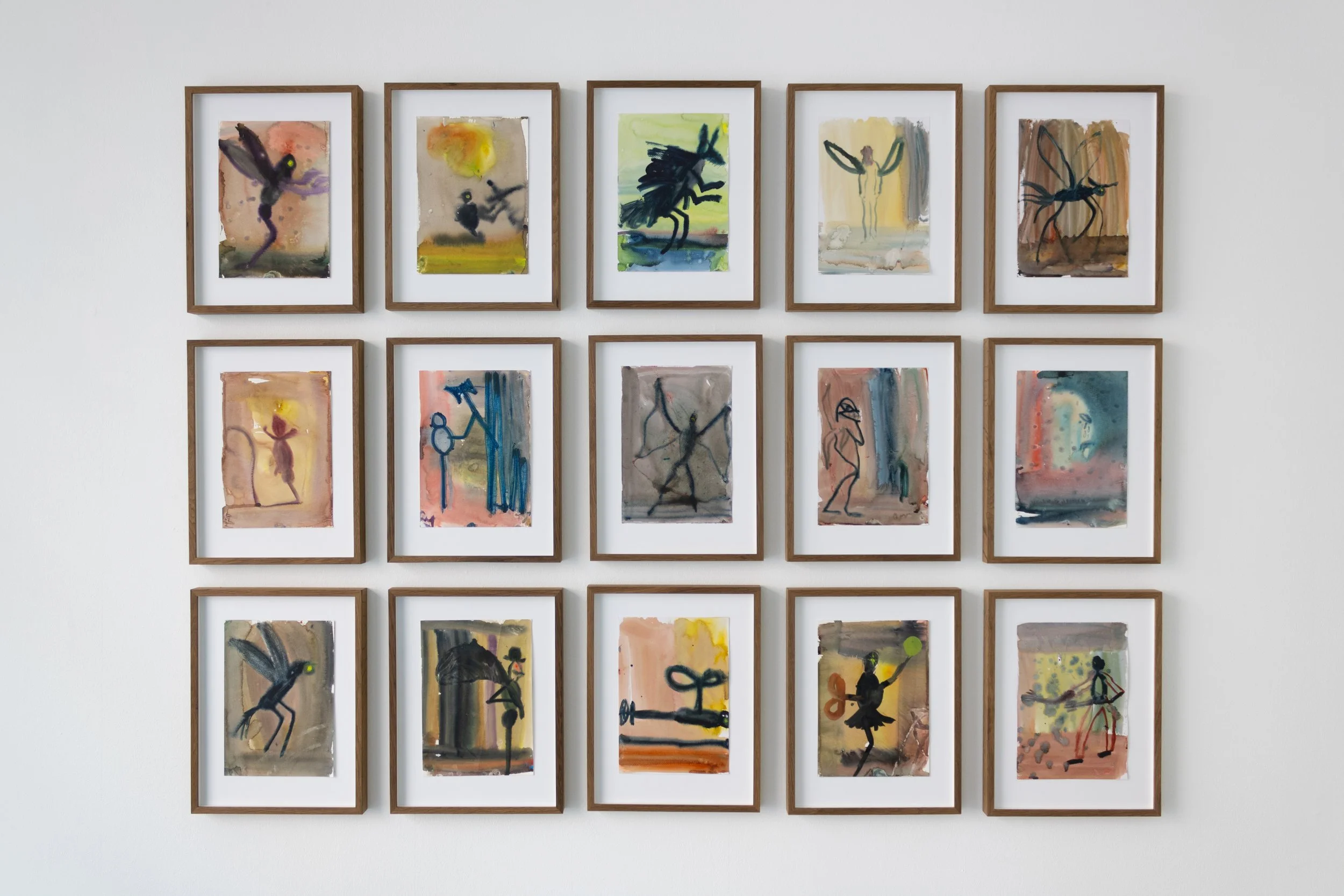 Gallery of 15 framed abstract paintings with humanoid and insect-like figures on a white wall. Frederik Næblerød exhibition at Alice Folker Gallery. 