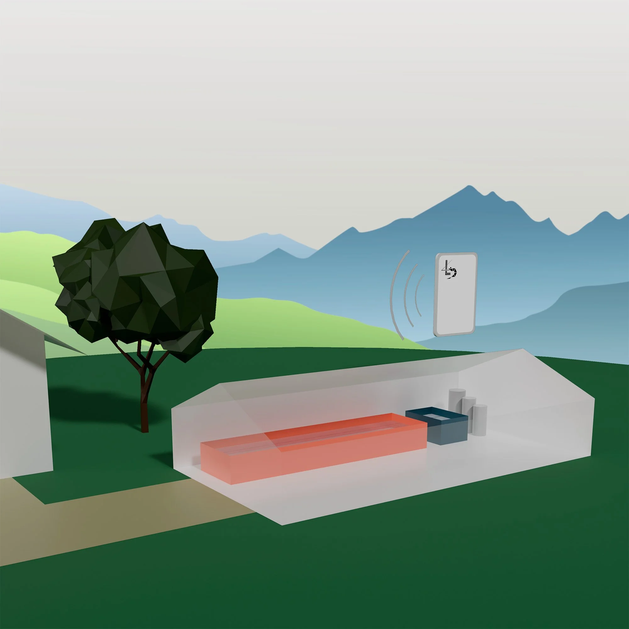 Illustration eines Solarthermie-Kraftwerks mit Solarkollektoren, die Sonnenenergie sammeln, und einem Kontrollpanel, mit einer Berglandschaft im Hintergrund.