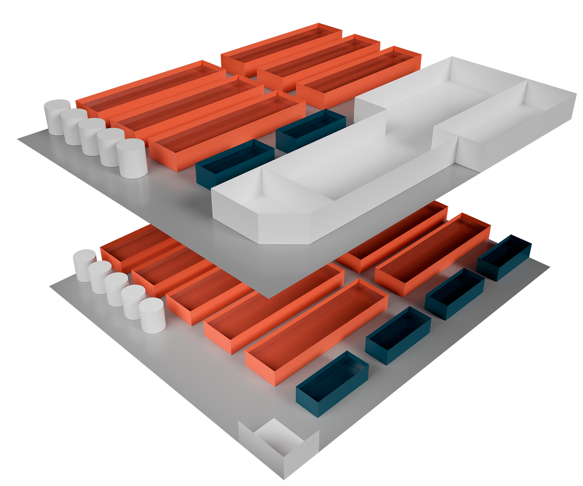 3D-Modell eines Sitzbereichs mit mehreren Stühlen und Tischen in verschiedenen Farben auf einem Grundriss.