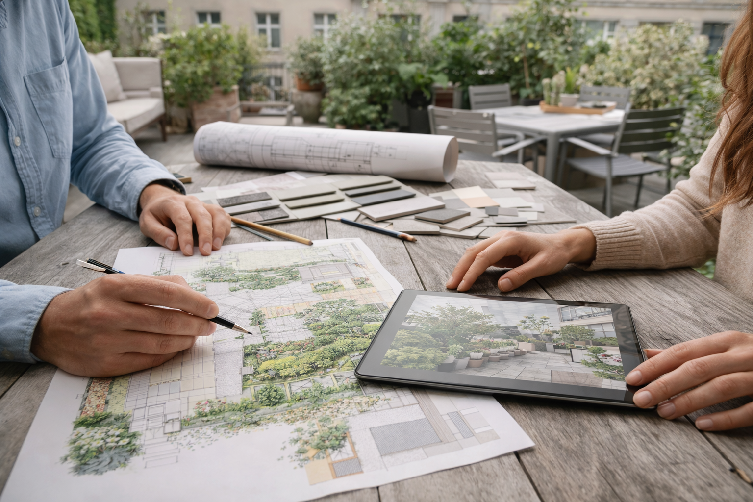 Zwei Personen planen einen Garten oder Außenbereich, einer zeigt auf einen Plan, die andere schaut auf ein Tablet mit einer Bildansicht des Gartens, auf dem Tisch liegen Kataloge, Papiere und ein Rolldrucker.