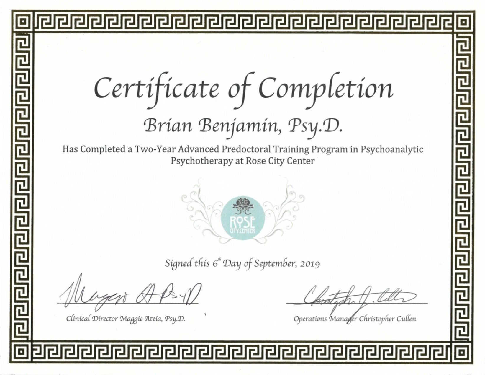 Certificate of Completion - Advanced training program in Psychoanalytic Psychotherapy