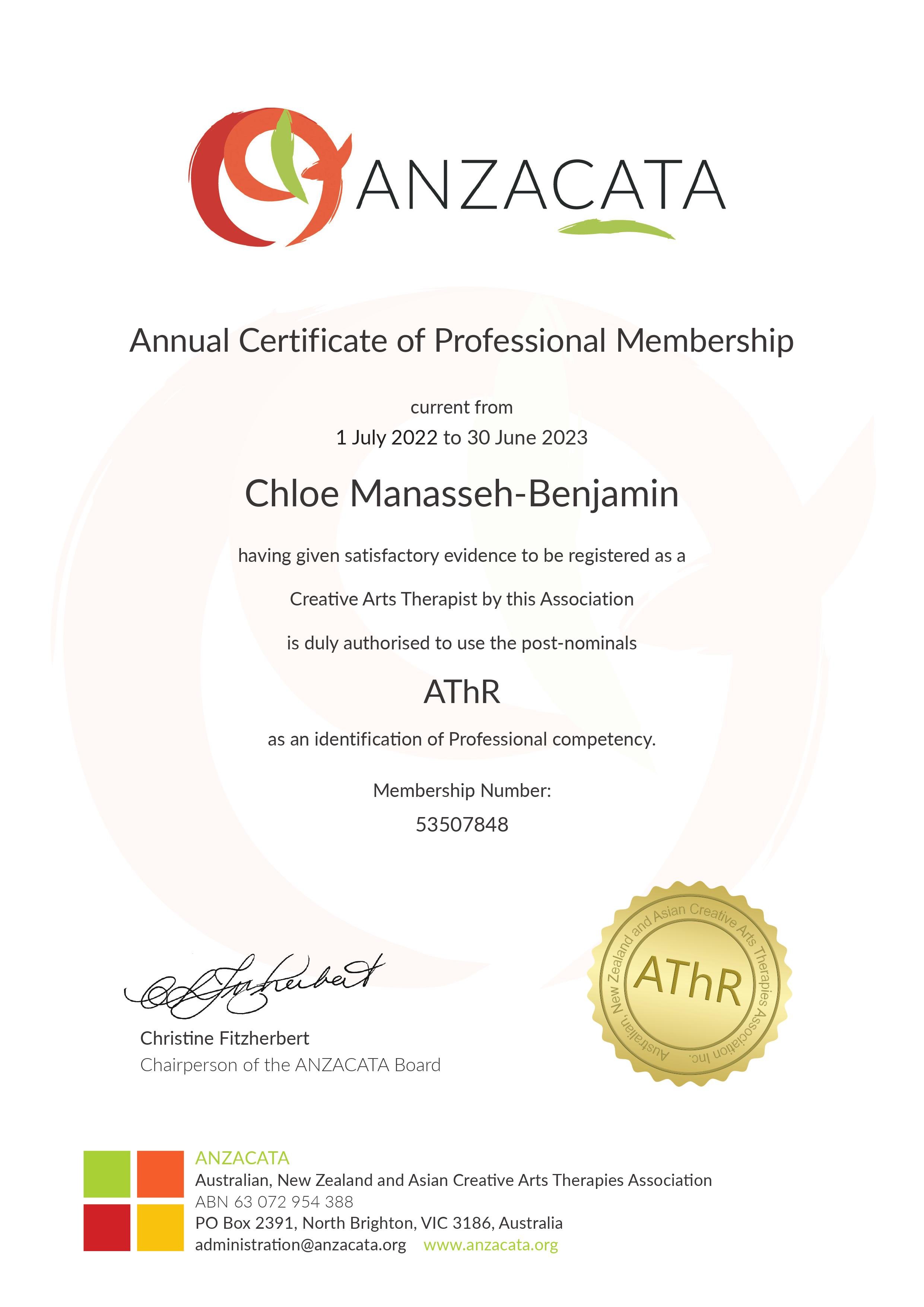 ANZACATA Certificate of Professional Membership