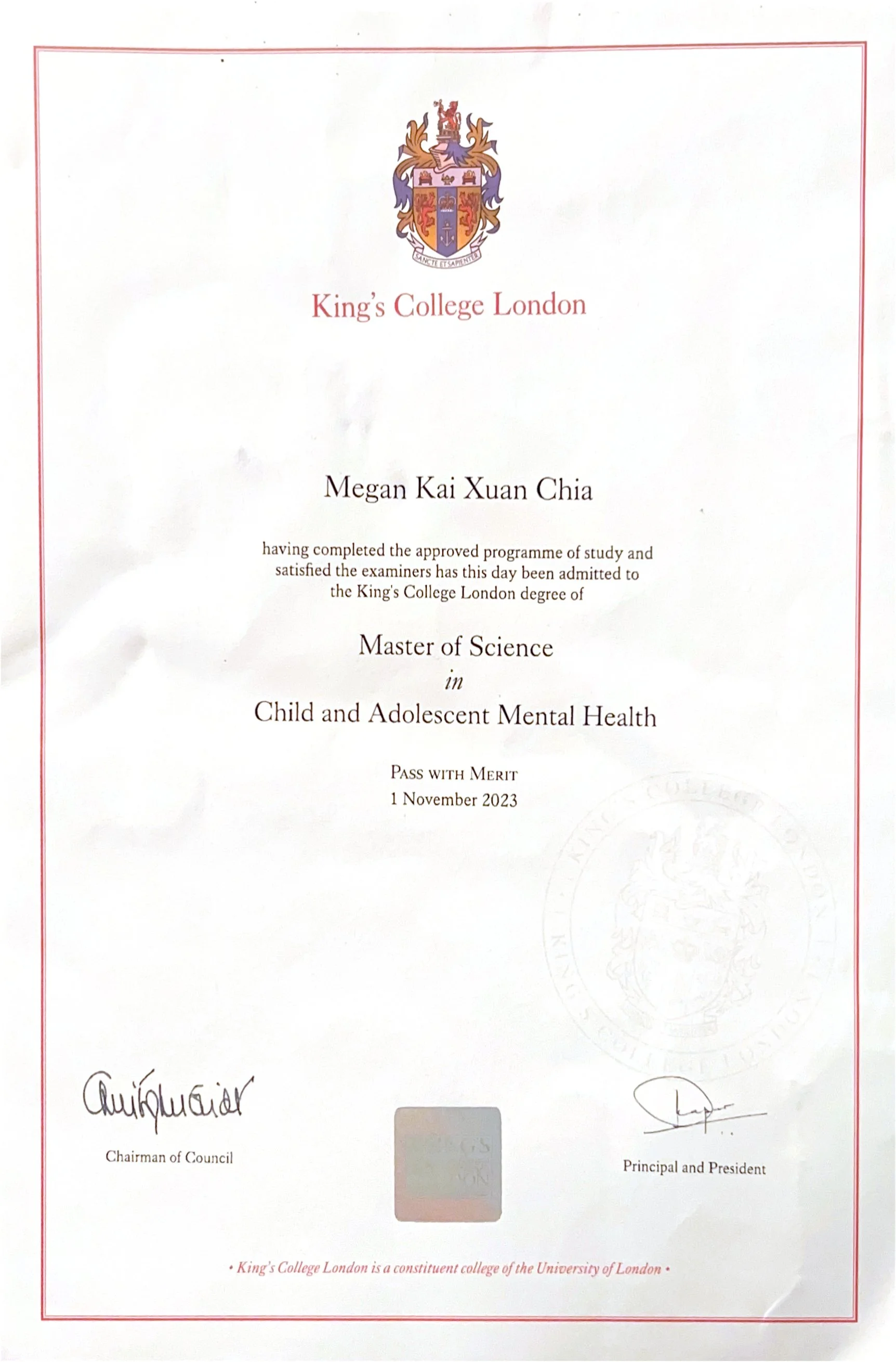 King's College London, Master of Science in Child &amp; Adolescent Mental Health, Pass with Merit