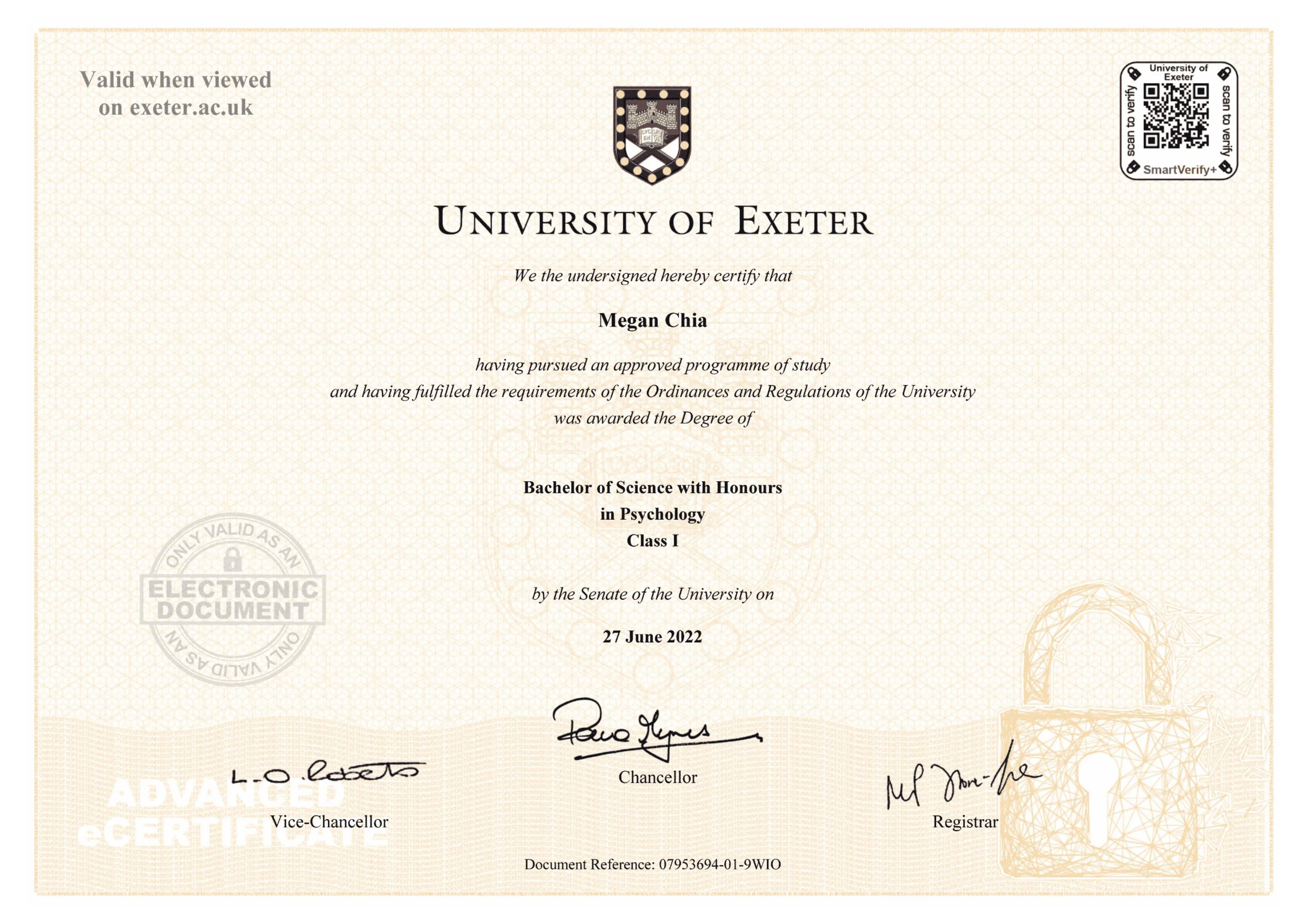 University of Exeter Bachelor of Science with Honors in Psychology Class 1