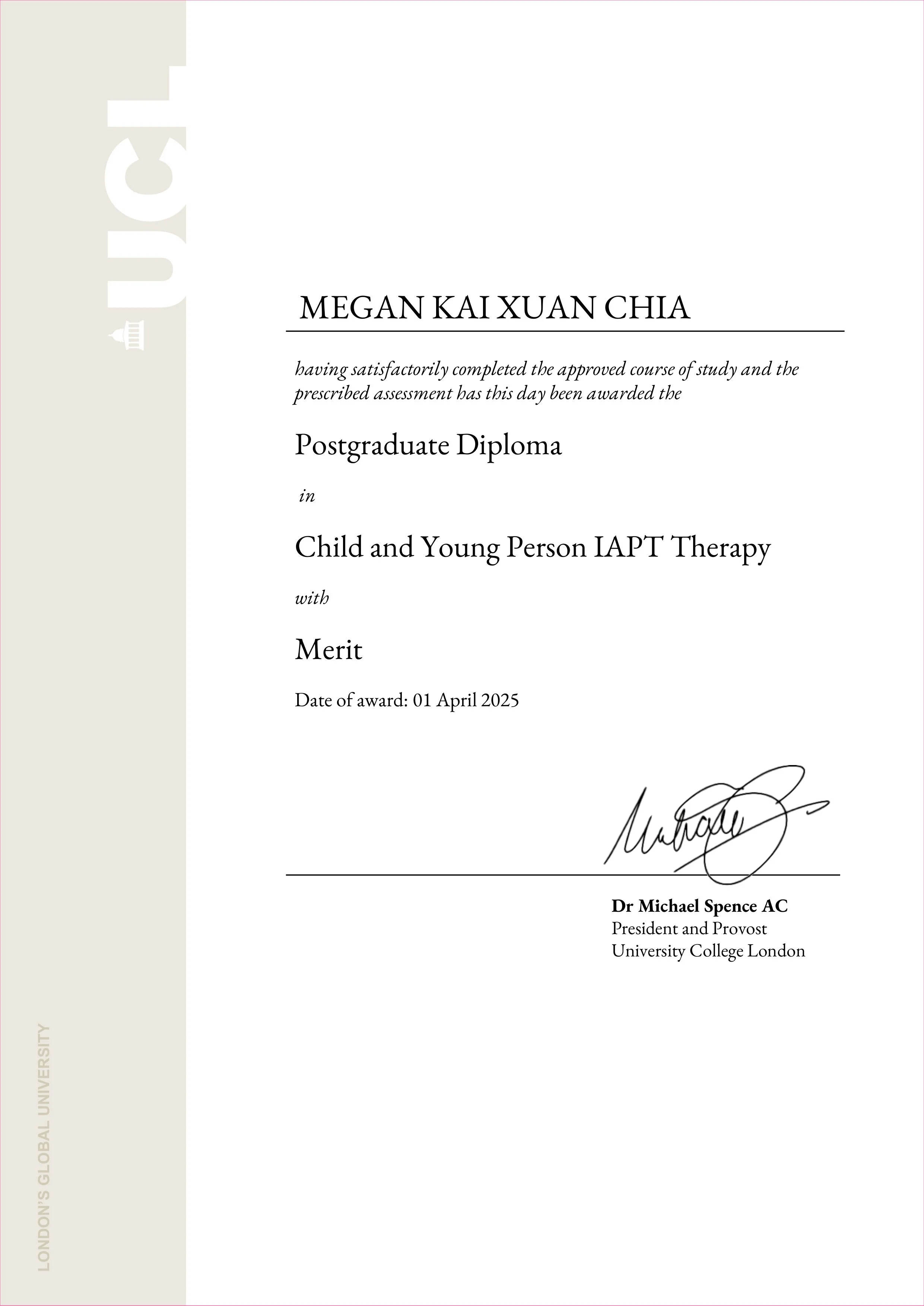 UCL Postgraduate Diploma in Child and Young Person IAPT Therapy with Merit
