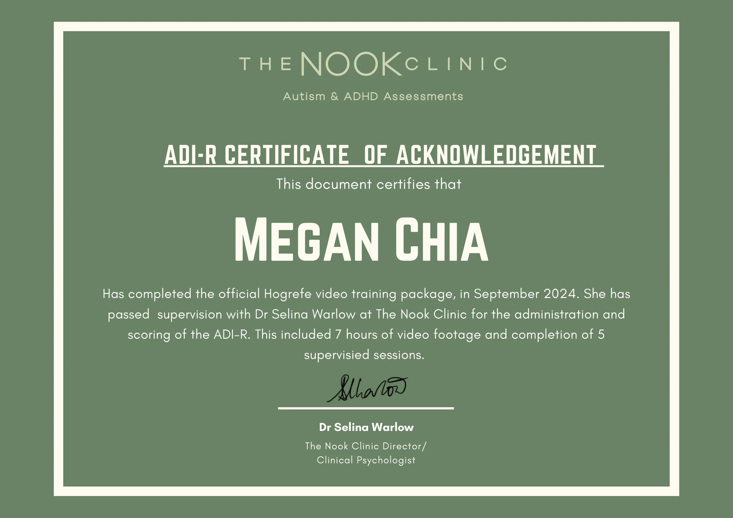 The Nook Clinic, ADI-R Certificate of Acknowledgement
