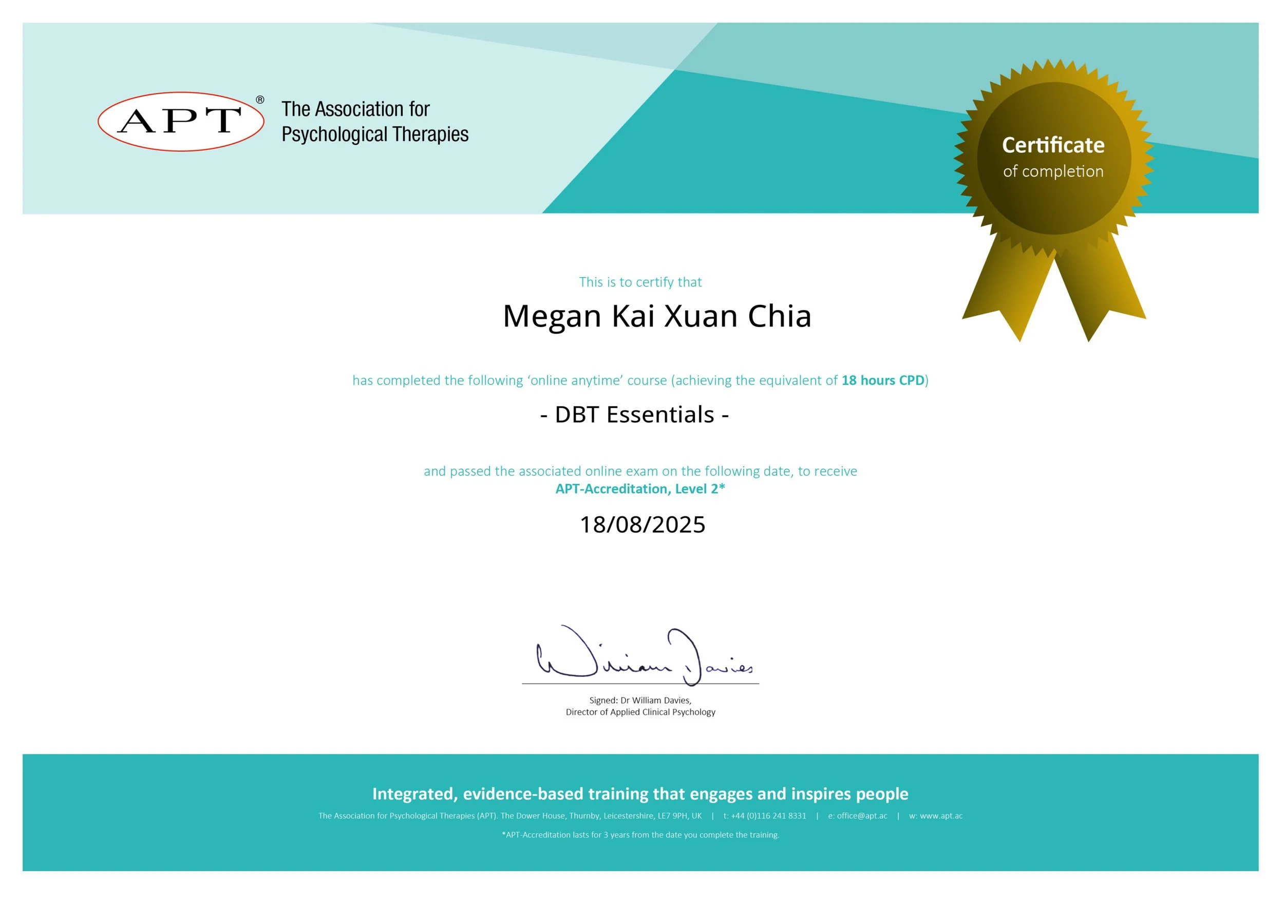 Association for Psychological Therapies, DBT Essentials, APT-Accreditation, Level 2