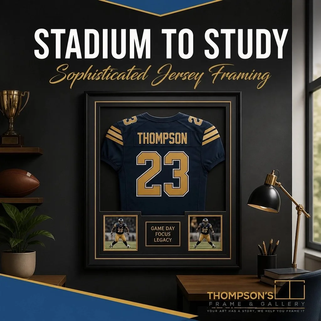 Your memorabilia belongs in the main room, not just the "man cave." 🏛️✨

We're so excited to share our latest blog post by Penny: "From Stadium to Study: The Art of Sophisticated Jersey Framing." 📖

At Thompson's Frame &amp; Gal