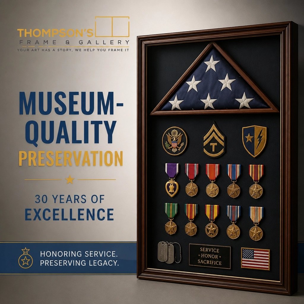 Honoring your service with the care it deserves!! ❤️

At Thompson&rsquo;s Frame &amp; Gallery, we feel so honored when you trust us with your most precious memories. Whether it&rsquo;s a collection of medals, a folded flag, or meaningful memorabilia,