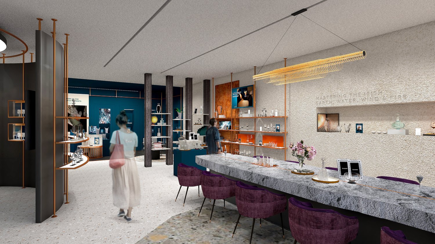 Luxury bar-style display inside the Waterford Crystal concept store with stone countertop, crystal glassware, and soft seating.