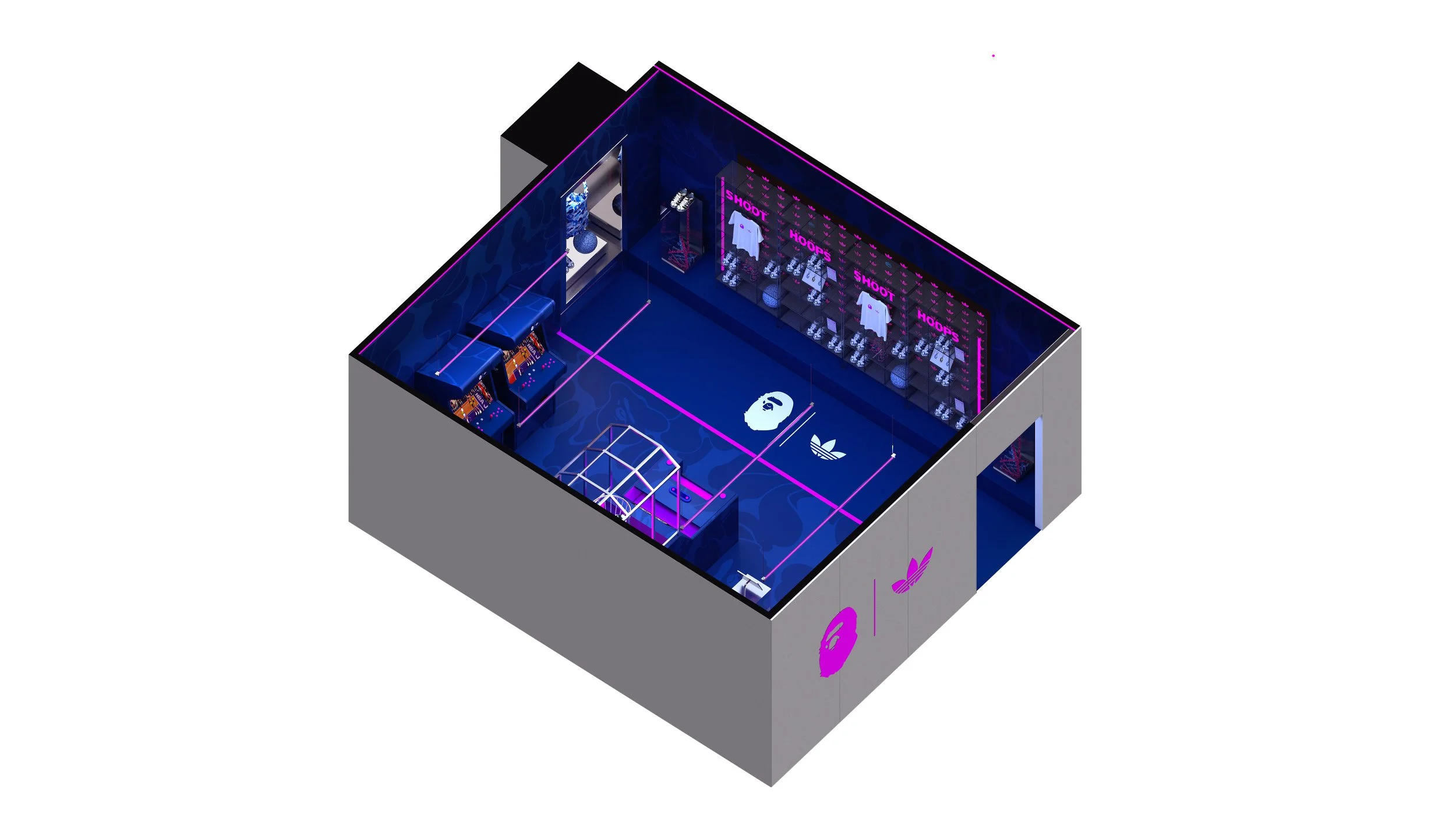 Isometric view of the Adidas x BAPE END London pop-up retail space featuring product walls and interactive zones.