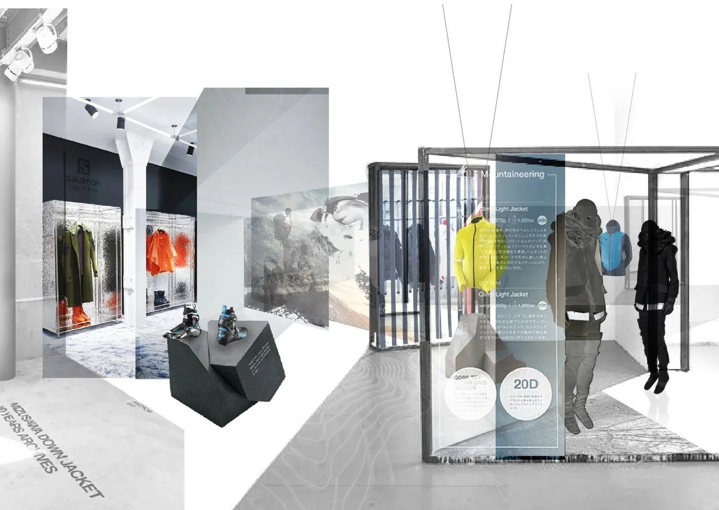 Salomon mountaineering retail concept interior with alpine apparel displays, boots and outdoor performance merchandise.