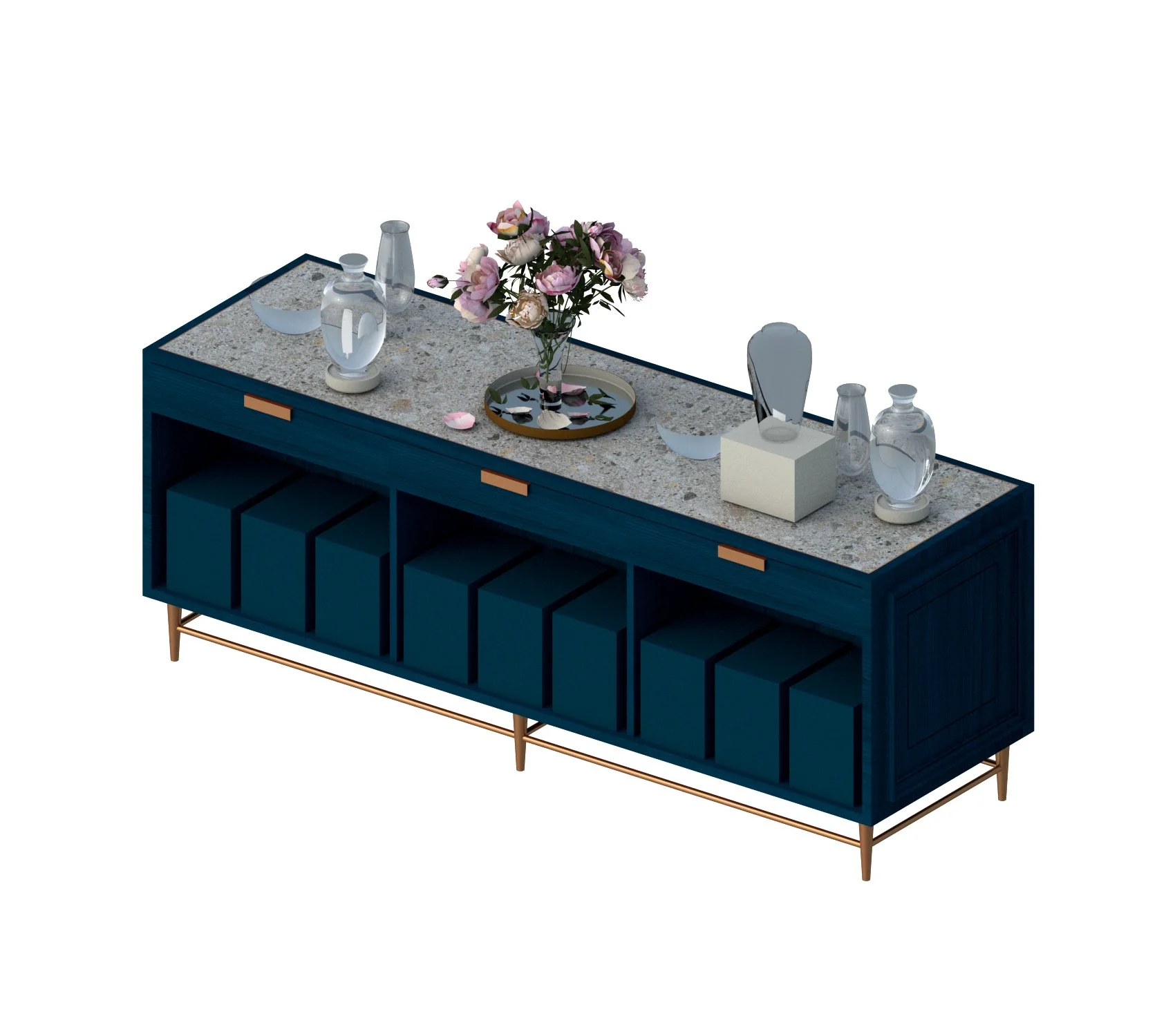 Central display table in the Waterford Crystal concept store with stone surface, integrated storage, and curated crystal pieces.