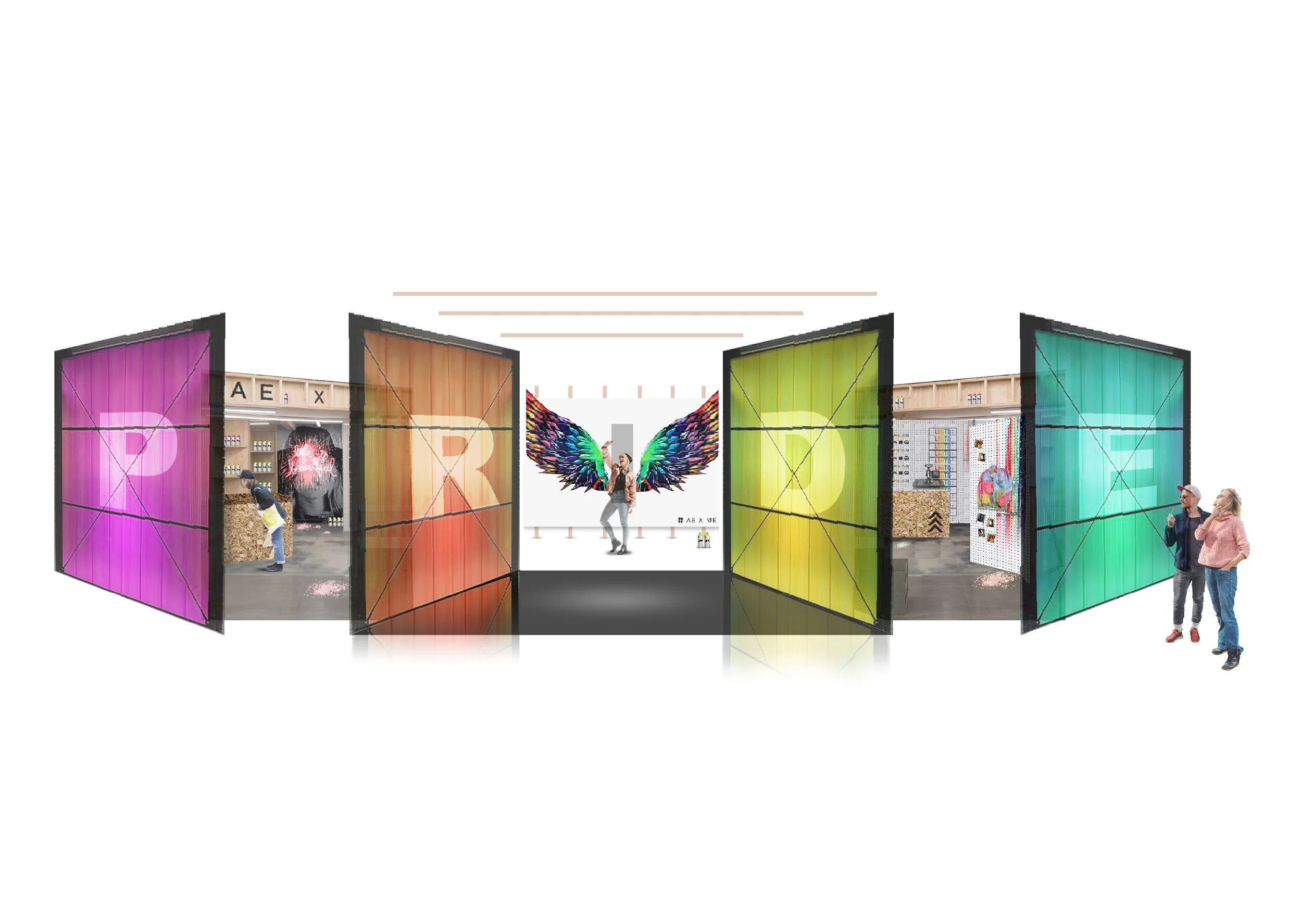 American Eagle Pride pop-up NYC coloured translucent panels with PRIDE across them, a wings photo opportunity in the centre