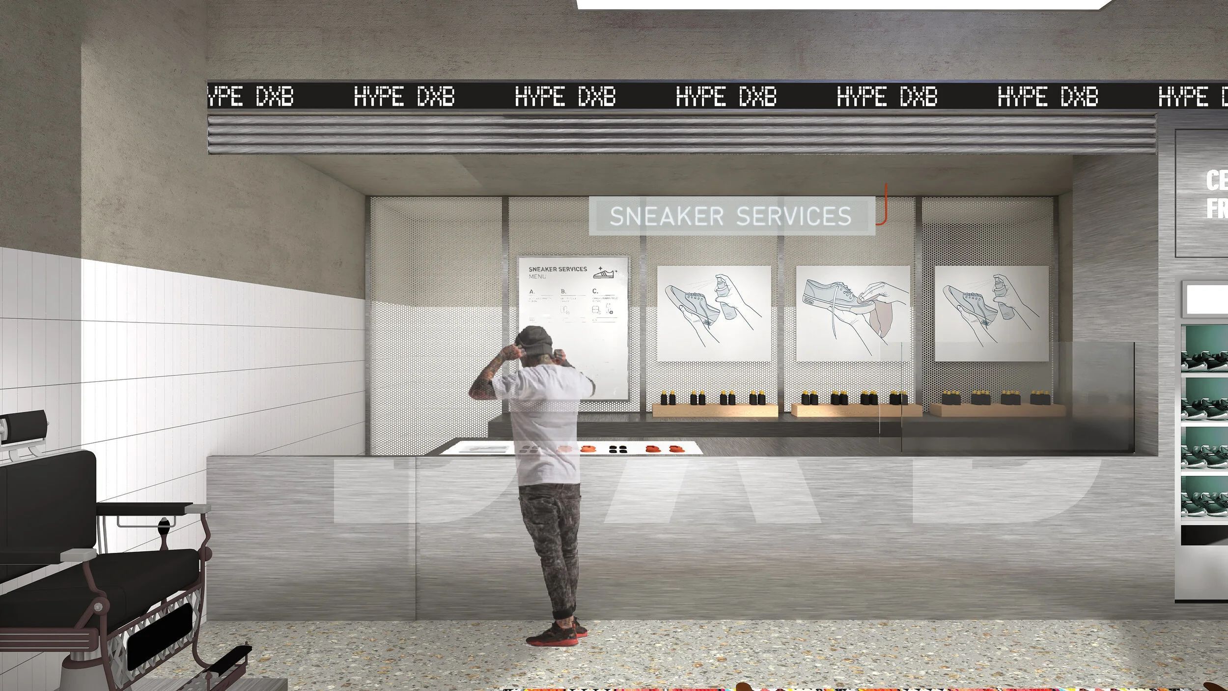 Adidas flagship store Dubai sneaker services counter with professional cleaning station and customer experience zone