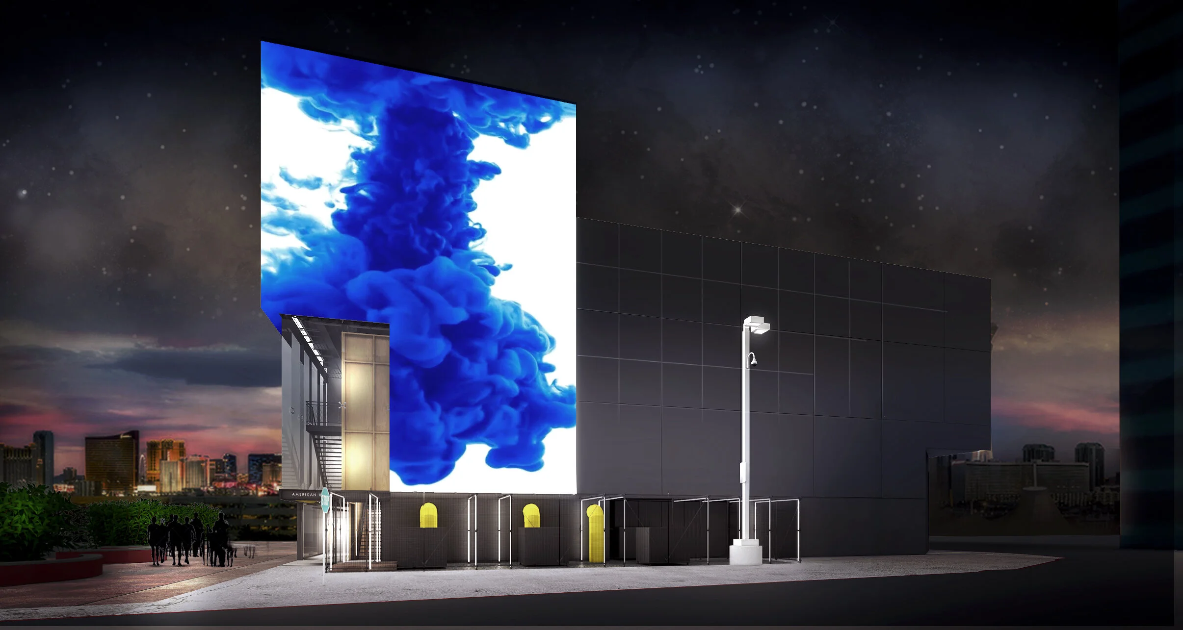 Night exterior of the American Eagle Flagship Store Las Vegas with large-scale LED media screen and urban streetscape.