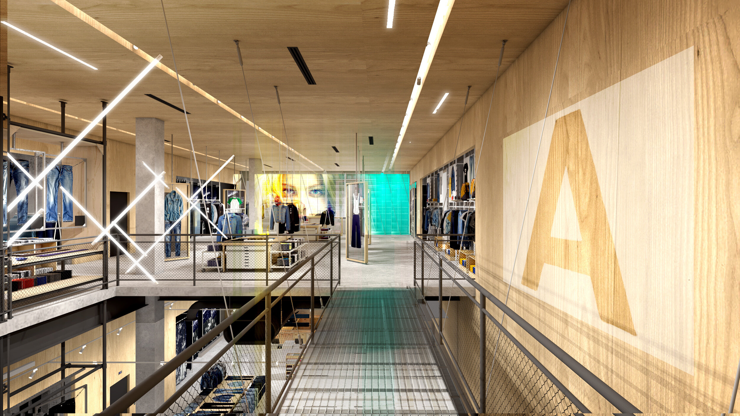 Multi-level interior view of the American Eagle Flagship Store Las Vegas featuring exposed structure and lighting.