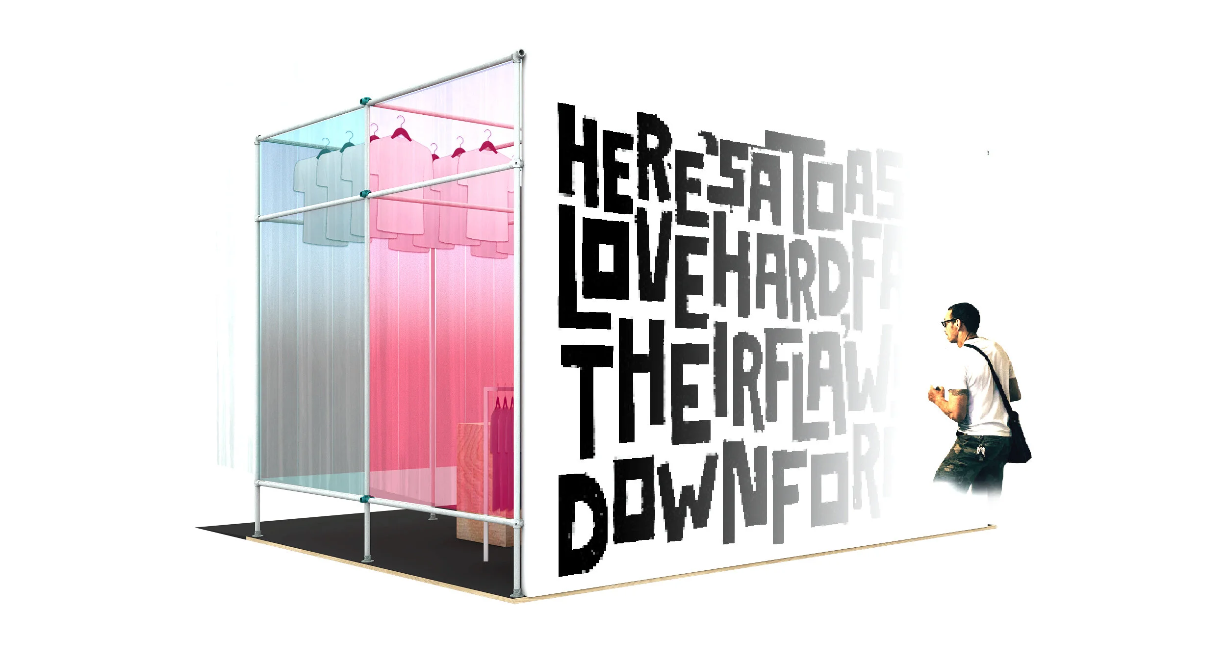 American Eagle Pride pop-up NYC rear view of pop up with translucent panels and bold typographic graphics