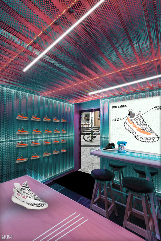 American Eagle Pride pop-up NYC Interior view of a pop up space with work benches for customisation and sneaker displatys on the walls