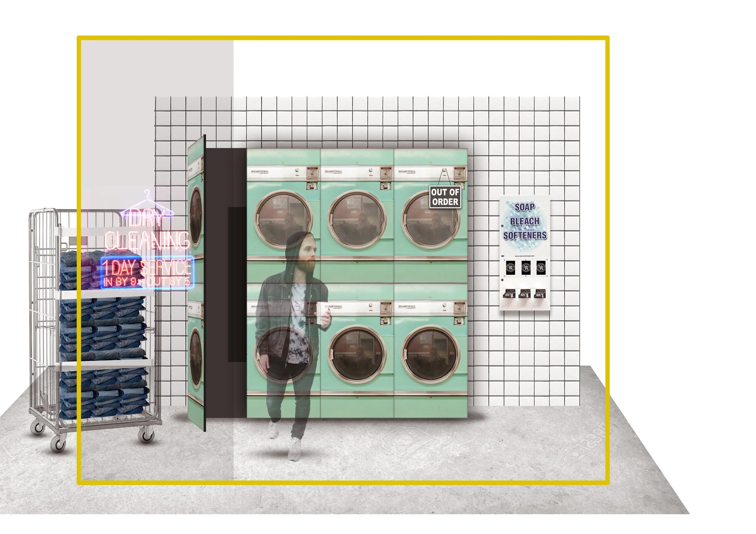 American Eagle Pride pop-up NYC-Concept sketch of a laundry room pop up event