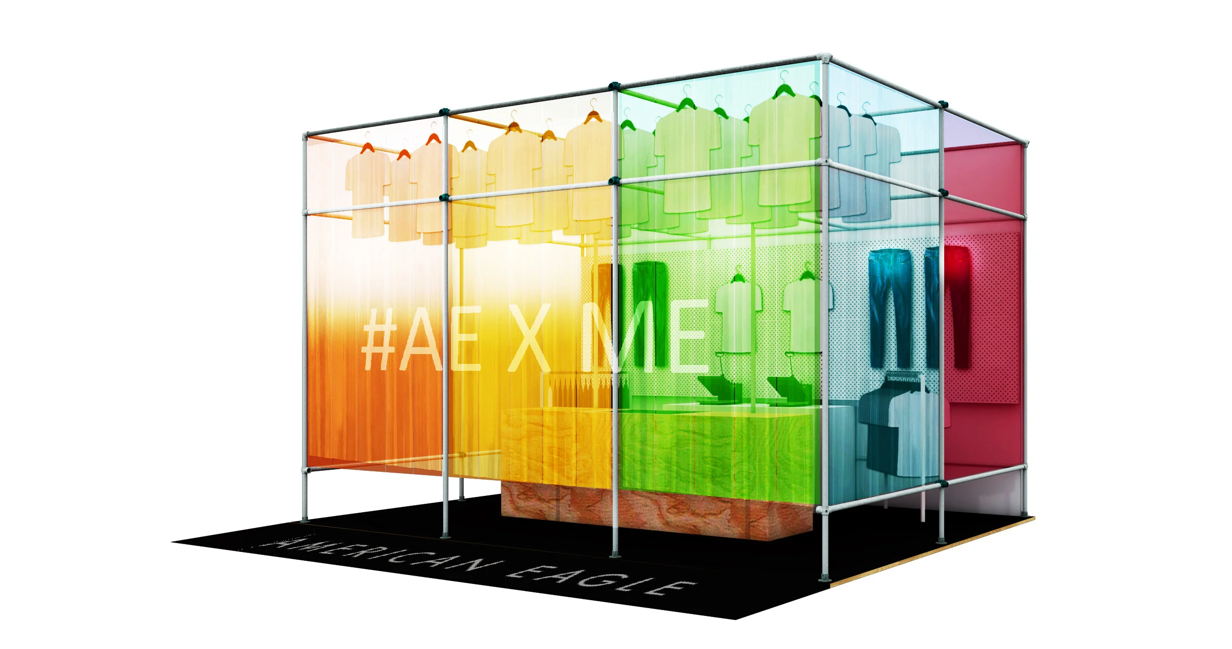American Eagle Pride pop-up NYC modular retail cube with rainbow panels and hanging garments