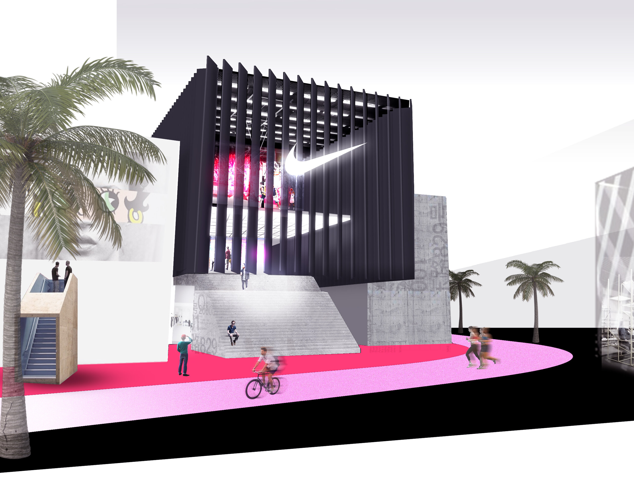 ntu Sports Hub experience Nike exterior pavilion with blade architecture and bold branding