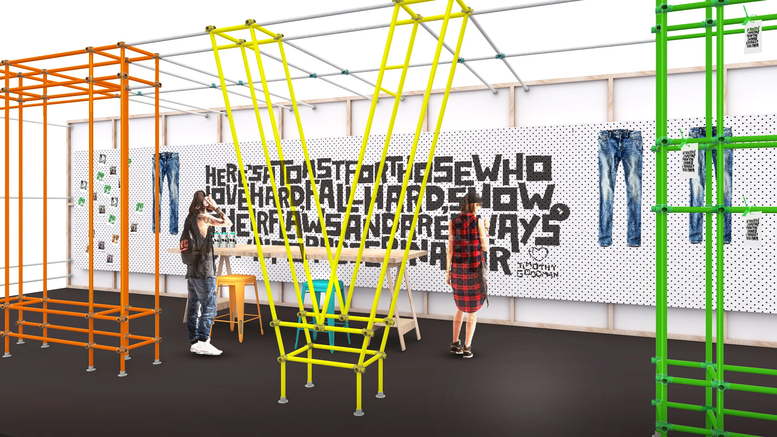 American Eagle Pride pop-up NYC retail installation with colorful scaffold structures and denim displays. internal space