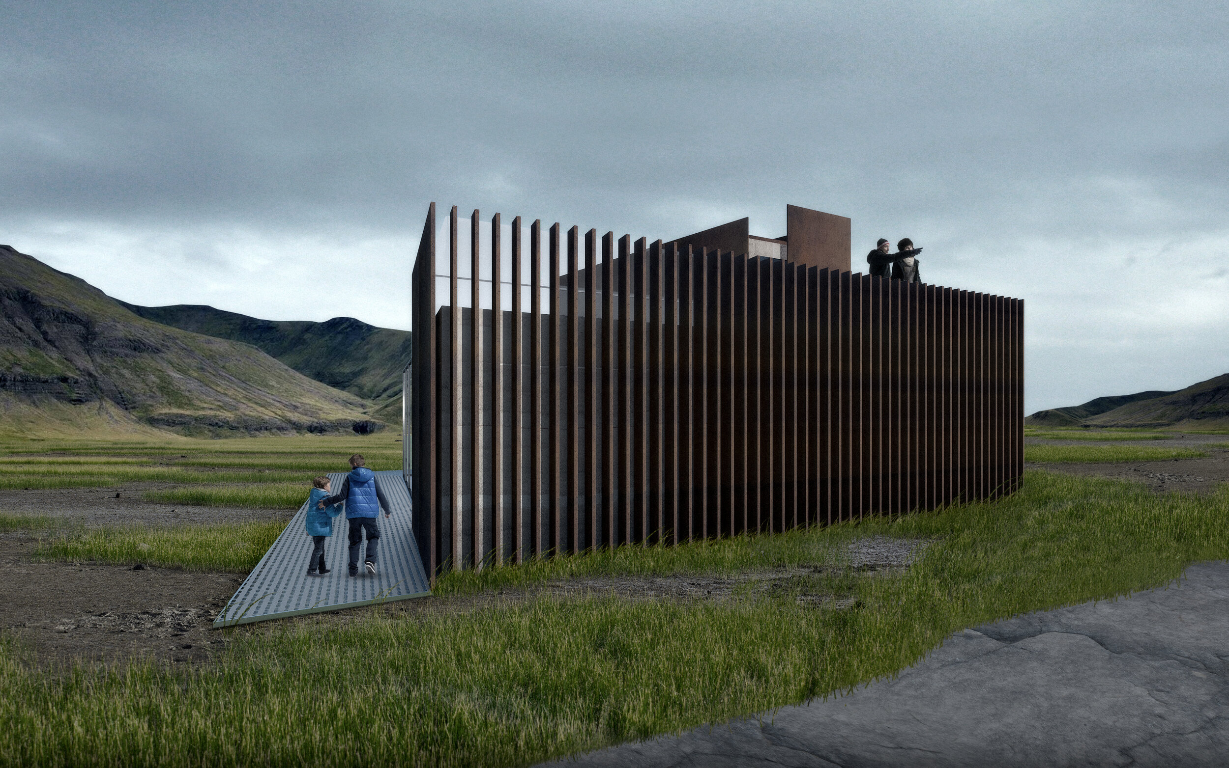Iceland lava fields platform front exterior with oxidised steel cladding, rammed earth and glass materials set within Icelandic lava landscape