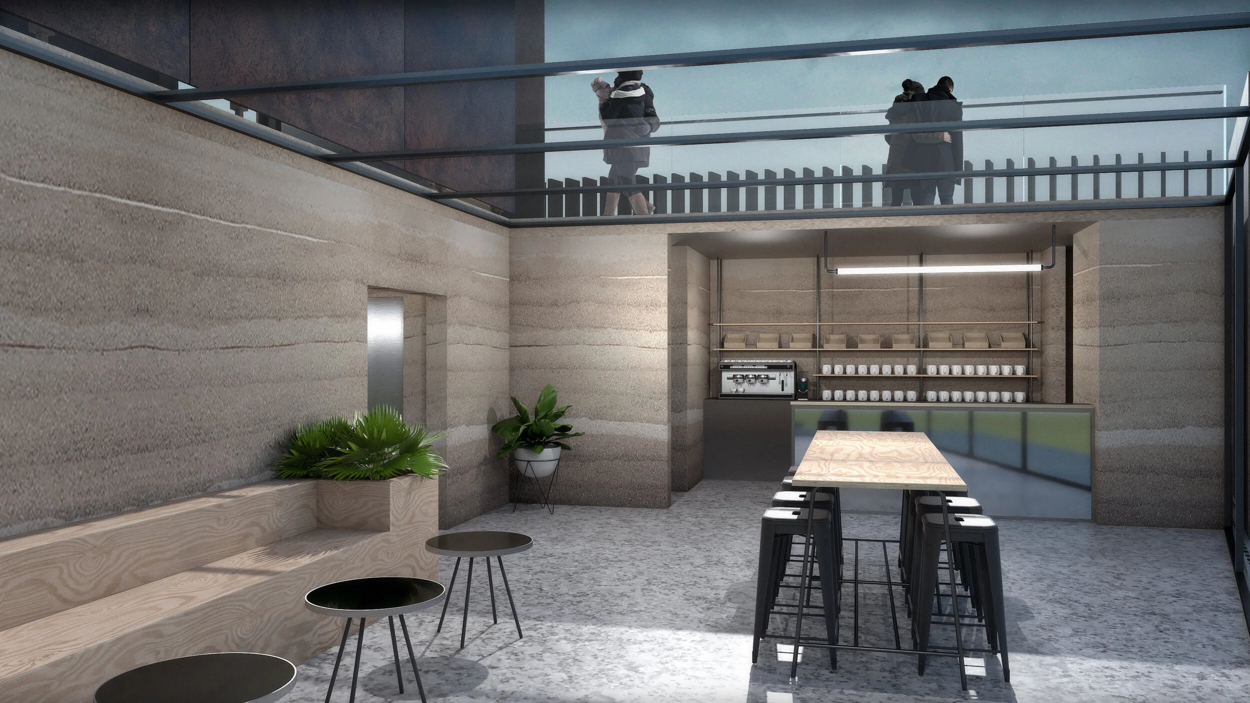 Iceland lava fields platform interior courtyard cafÃ© with concrete walls and timber furniture