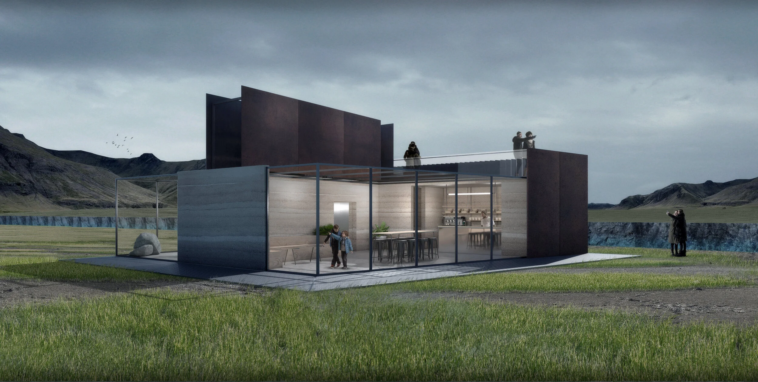 Iceland lava fields platform rear exterior with oxidised steel cladding, rammed earth and glass materials set within Icelandic lava landscape