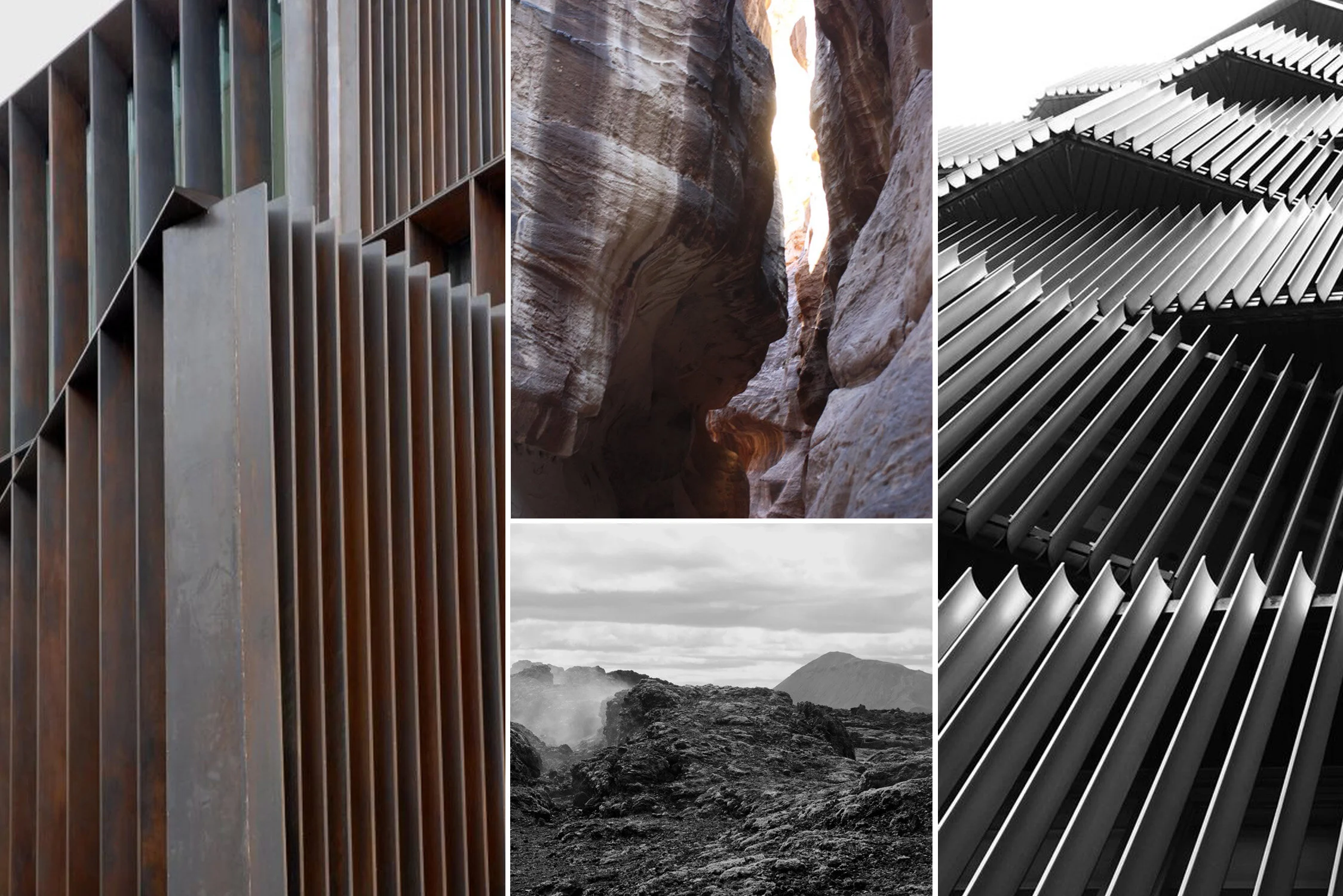 Iceland lava fields platform material inspiration board referencing lava rock and metal fins