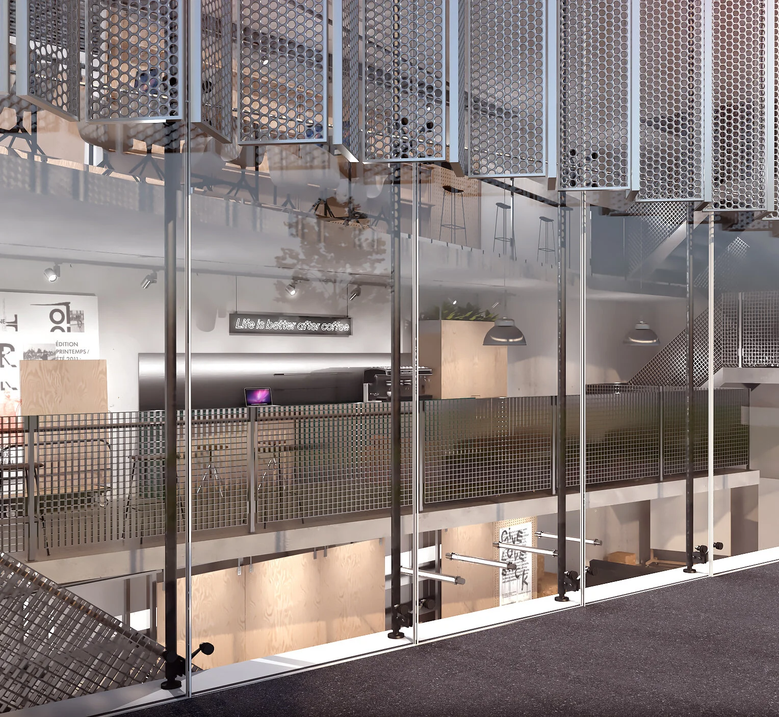 Industrial mezzanine interior at Whatbox Studio London featuring perforated metal balustrades and open-plan workspace design