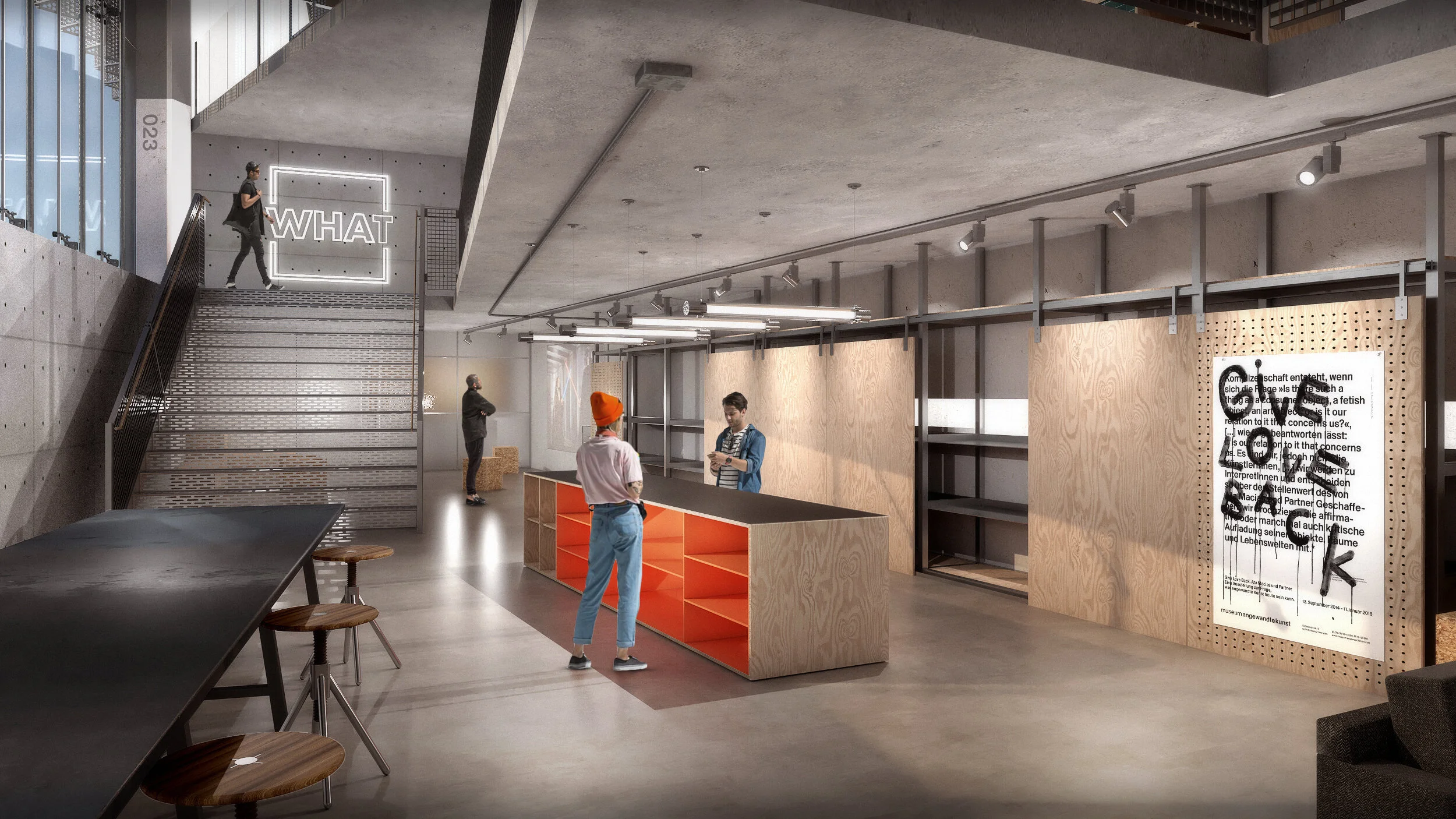 Creative workshop at Whatbox Studio London with plywood counter, concrete finishes.