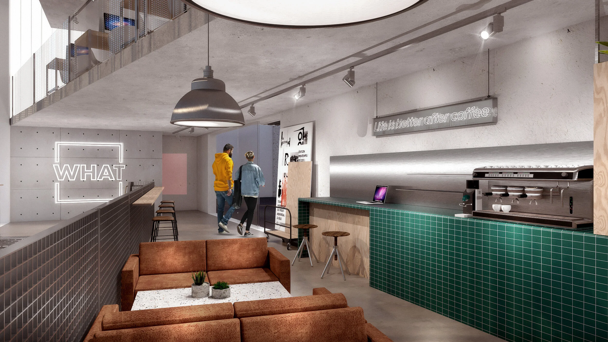 Collaborative workspace and cafe zone at Whatbox Studio London with glass partitions and minimalist industrial design