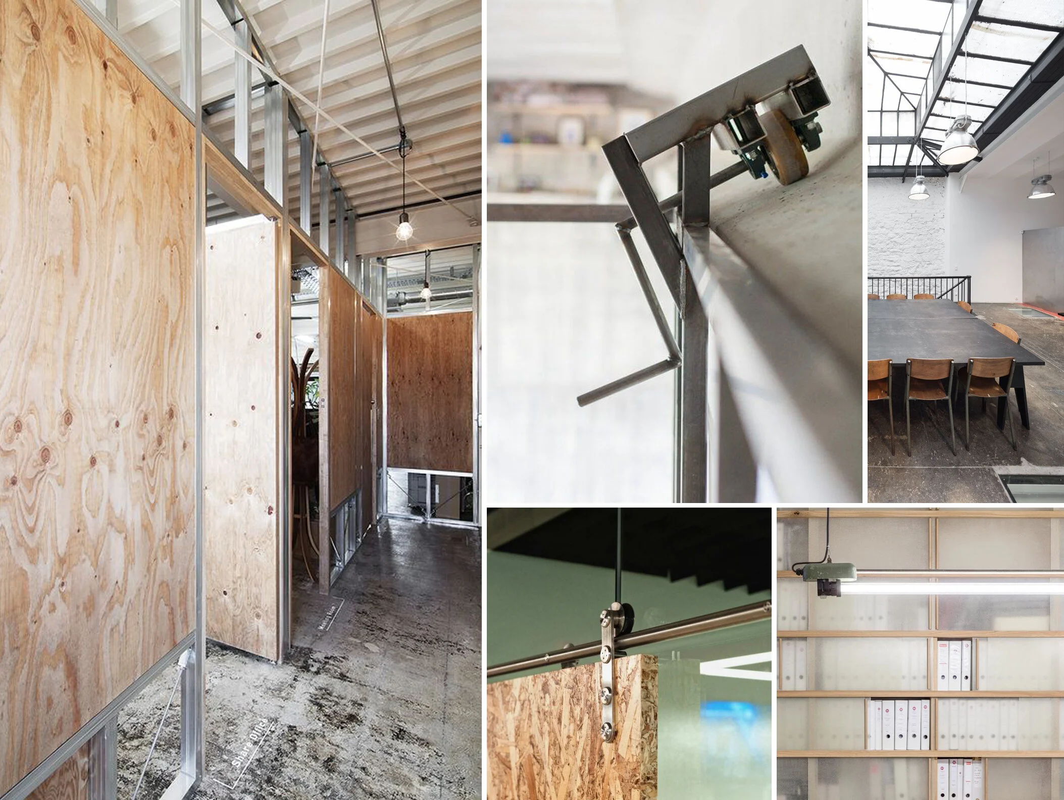 Material and construction details at Whatbox Studio London showcasing sliding plywood panels and steel hardware