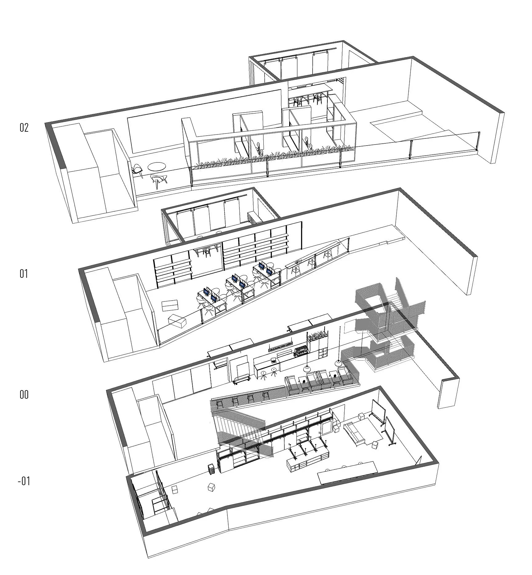 Architectural section drawing of Whatbox Studio London illustrating multi-level creative studio layout